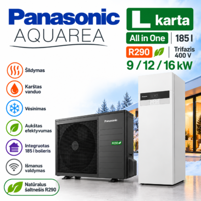 Panasonic Aquarea L All in One R290 oras–vanduo šilumos siurblys 5, 7 ir 9 kW su integruota 185 l karšto vandens talpa – vidaus ir lauko blokai