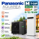 Panasonic Aquarea M T-CAP All in One R290 trifazis oras–vanduo šilumos siurblys 9, 12 ir 16 kW su integruota 185 l karšto vandens talpa – vidaus ir lauko blokai