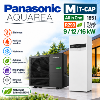 Panasonic Aquarea M T-CAP All in One R290 trifazis oras–vanduo šilumos siurblys 9, 12 ir 16 kW su integruota 185 l karšto vandens talpa – vidaus ir lauko blokai