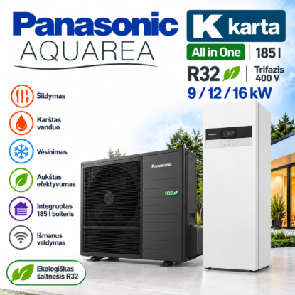 Panasonic Aquarea K All in One R32 oras–vanduo šilumos siurblys su integruota 185 l karšto vandens talpa, 3, 5, 7 ir 9 kW – vidaus ir lauko blokai