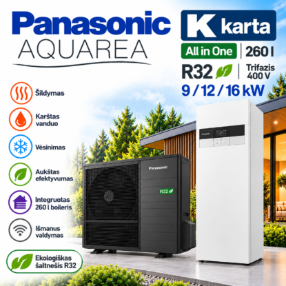 Panasonic Aquarea K All in One R32 trifazis oras–vanduo šilumos siurblys 9, 12 ir 16 kW su integruota 260 l karšto vandens talpa – vidaus ir lauko blokai