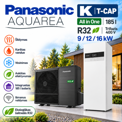 Panasonic Aquarea K T-CAP All in One R32 trifazis oras–vanduo šilumos siurblys 9, 12 ir 16 kW su integruota 185 l karšto vandens talpa – vidaus ir lauko blokai