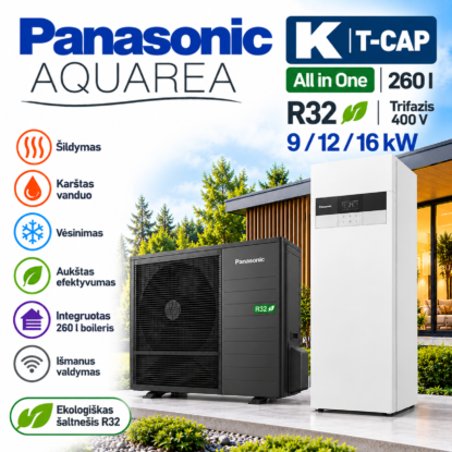 Panasonic Aquarea K T-CAP All in One R32 trifazis oras–vanduo šilumos siurblys 9, 12 ir 16 kW su integruota 260 l karšto vandens talpa – vidaus ir lauko blokai