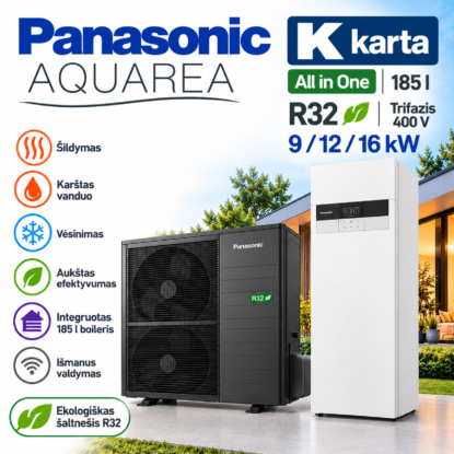 Panasonic Aquarea K All in One R32 trifazis oras–vanduo šilumos siurblys 9, 12 ir 16 kW su integruota 185 l karšto vandens talpa – vidaus ir lauko blokai